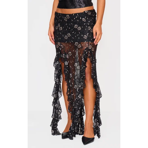 Black Sequin Lace Drape Detail Maxi Skirt