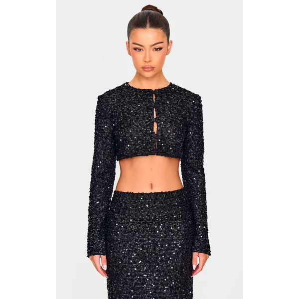 Black Sequin Long Sleeve Button Up Cardigan