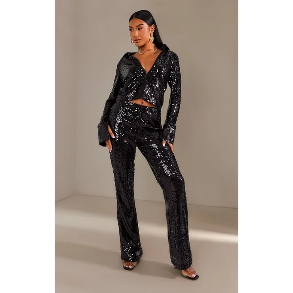 Black Sequin Low Rise Flared Pants