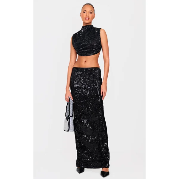 Black Sequin Mid Rise Maxi Skirt
