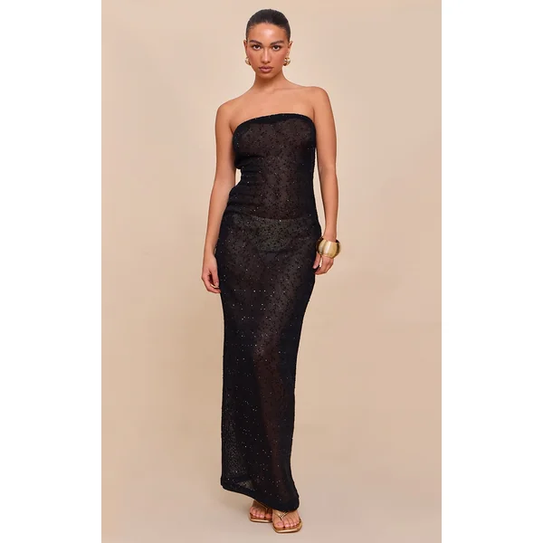 Black Sequin Sheer Bandeau Maxi Dress