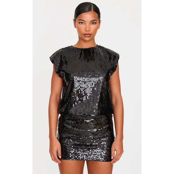 Black Sequin Shoulder Pad Sleeveless Bodycon Dress