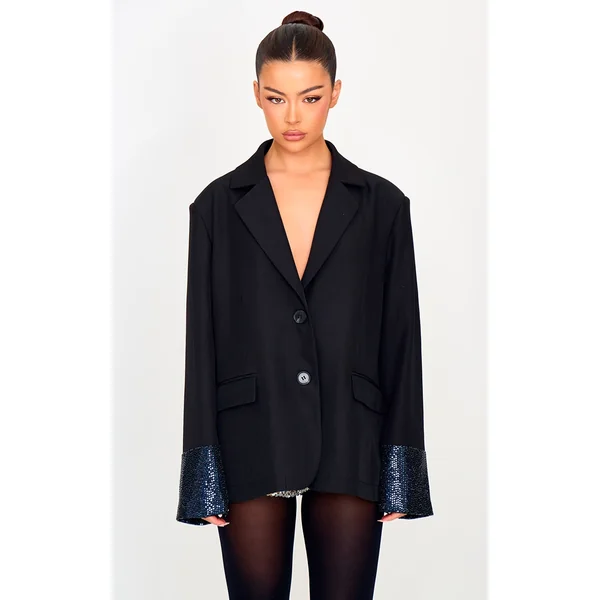 Black Sequin Sleeve Detail Structured Blazer