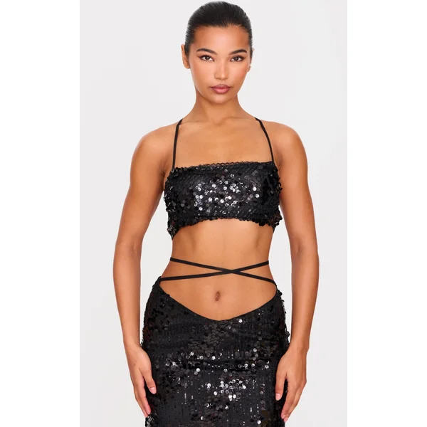 Black Sequin Strap Detail Crop Top