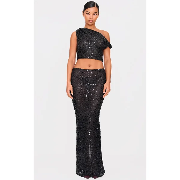 Black Sequin Textured Mid Rise Maxi Skirt