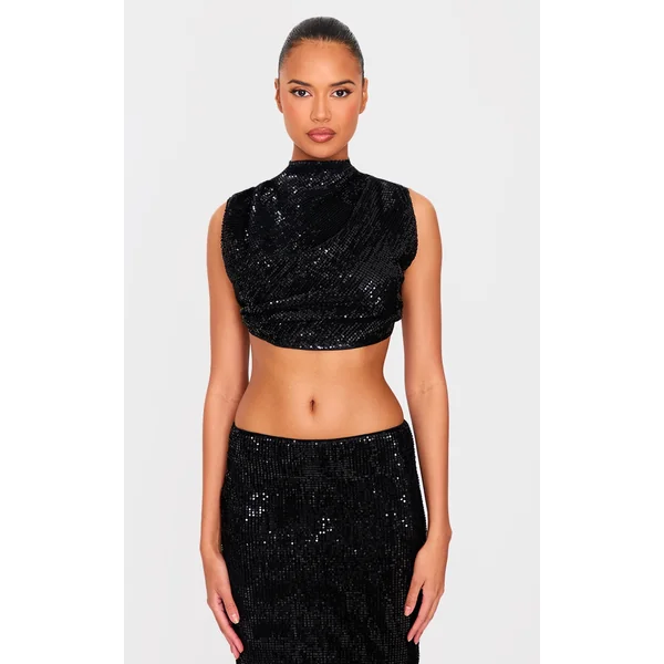 Black Sequin Tie Back High Neck Cowl Crop Top