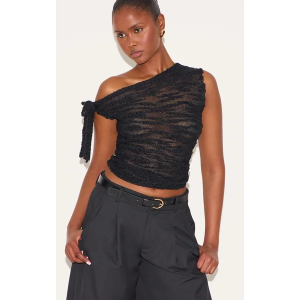 Black Sheer Bobble Crochet Asymmetric Tie Top