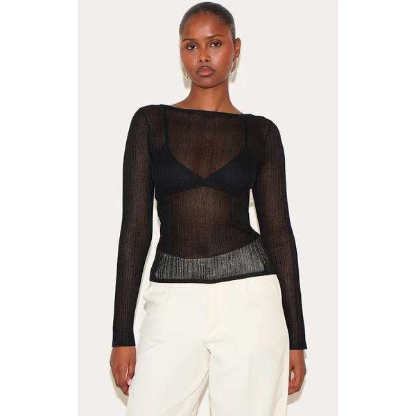 Black Sheer Knit Long Sleeve Boat Neck Top Black