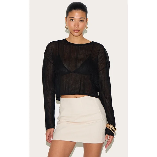 Black Sheer Knit Oversized Top