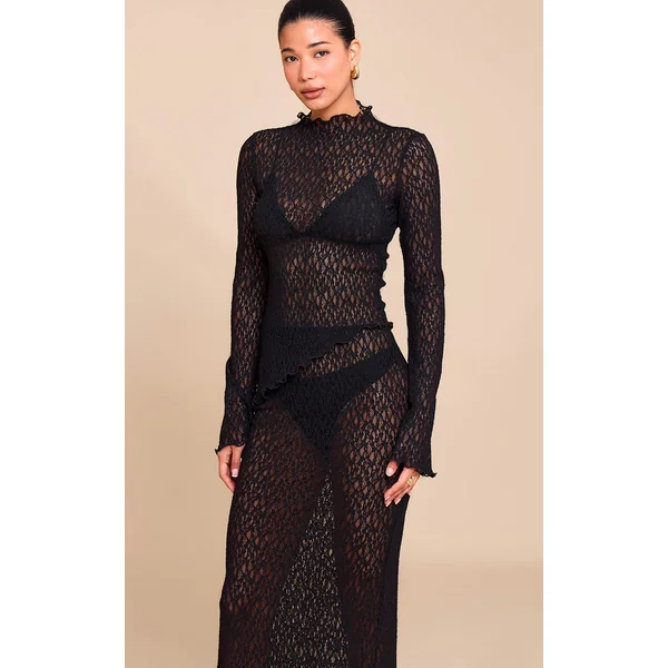 Black Sheer Lace Asymmetric Long Top