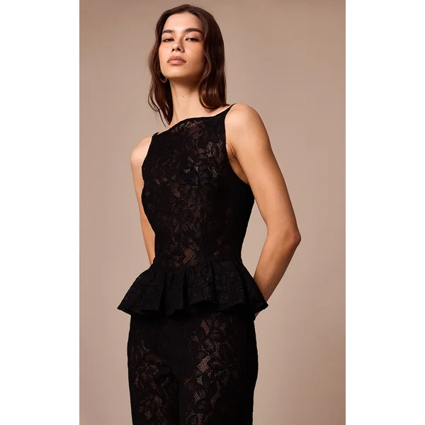 Black Sheer Lace Peplum Sleeveless Top