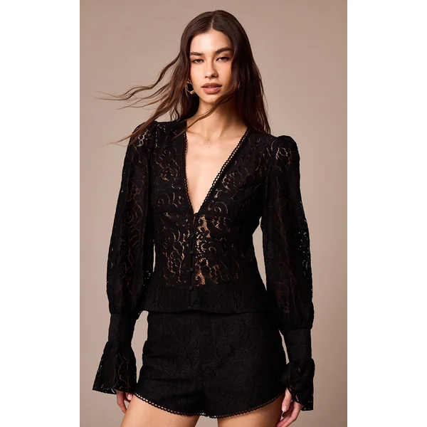 Black Sheer Lace Plunge Puff Sleeve Blouse