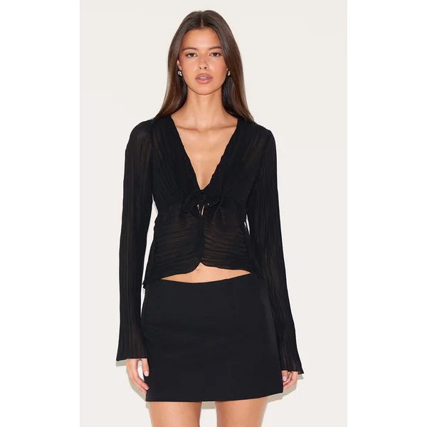 Black Sheer Plisse Tie Front Flute Sleeve Blouse