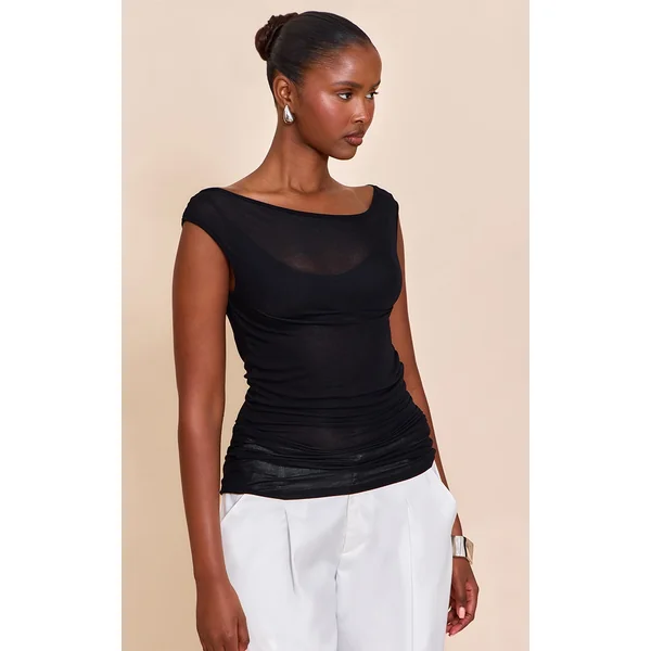 Black Sheer Soft Touch Cowl Neck Long Vest Top