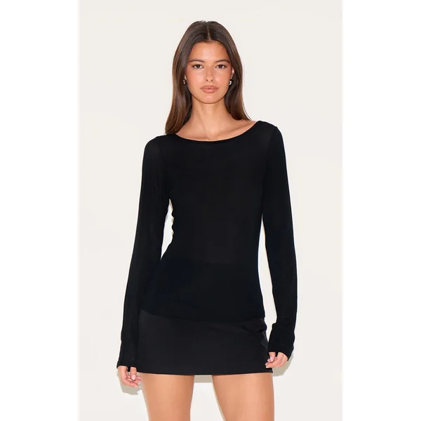 Black Sheer Soft Touch Crew Neck Long Sleeve Top