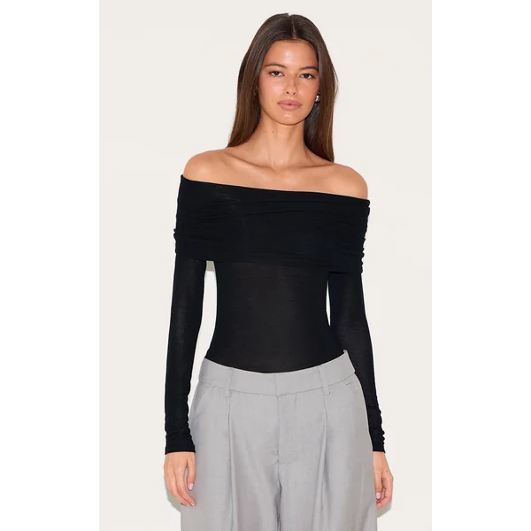 Black Sheer Soft Touch Fold Over Detail Bardot Long Sleeve Top