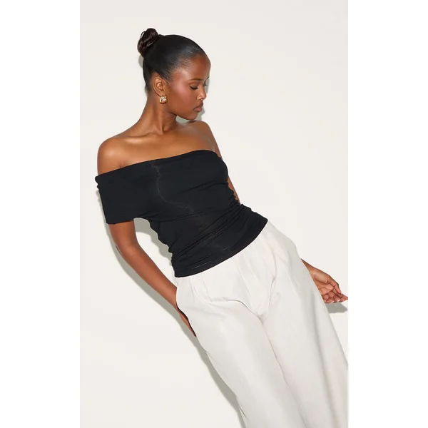 Black Sheer Soft Touch Fold Over Detail One Shoulder Long Top