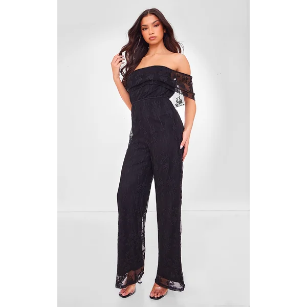 Black Shimmer Floral Lace Bardot Jumpsuit