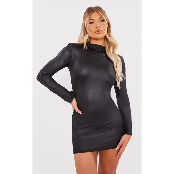 Black Shiny Long Sleeve High Neck Mini Dress