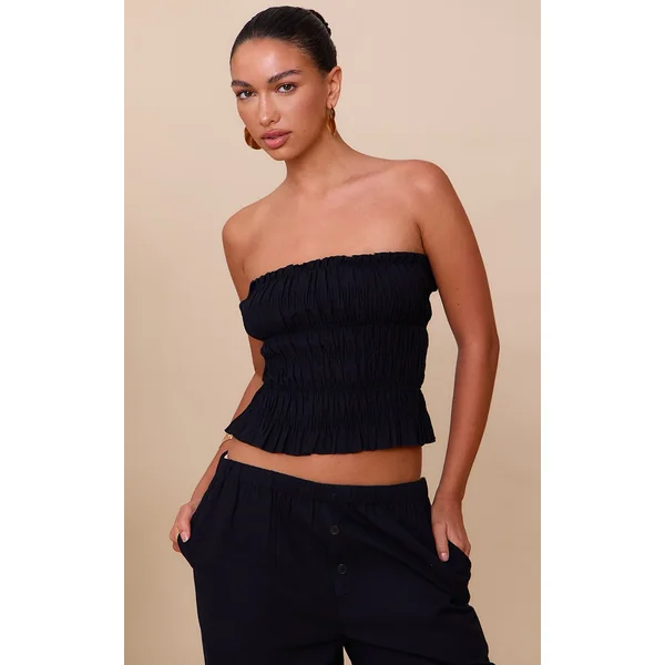Black Shirred Bandeau Top