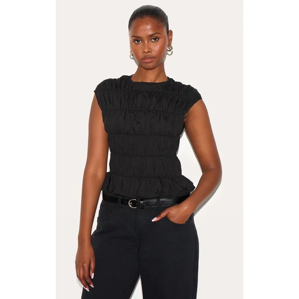 Black Shirred Boatneck Fitted Top