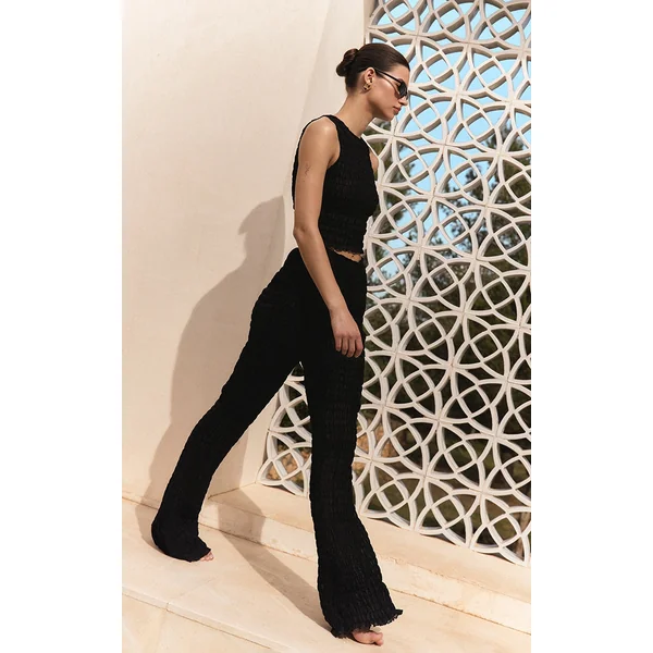 Black Shirred Chiffon Straight Leg Pants