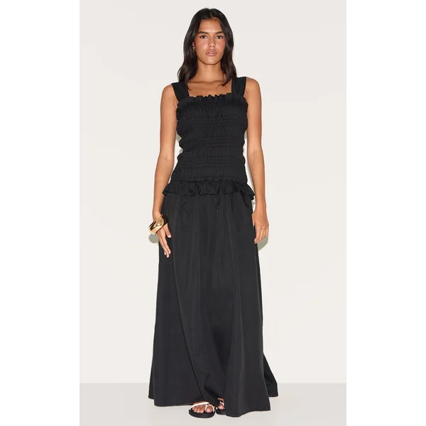 Black Shirred Frill Detail Maxi Dress