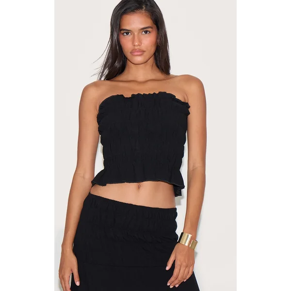 Black Shirred Linen Look Bandeau Top