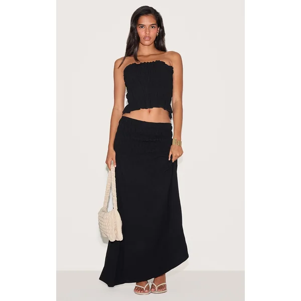 Black Shirred Linen Look Panel Mid Rise Maxi Skirt