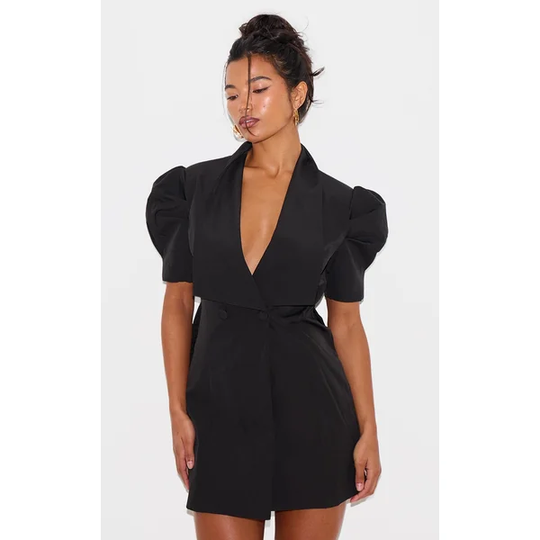 Black Short Sleeve Bow Back Blazer Dress