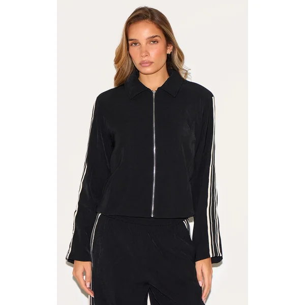 Black Side Stripe Woven Cropped Jacket