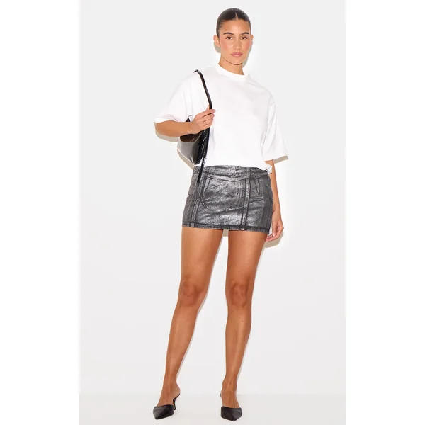Black Silver Metallic Foil Effect Denim Mini Skirt