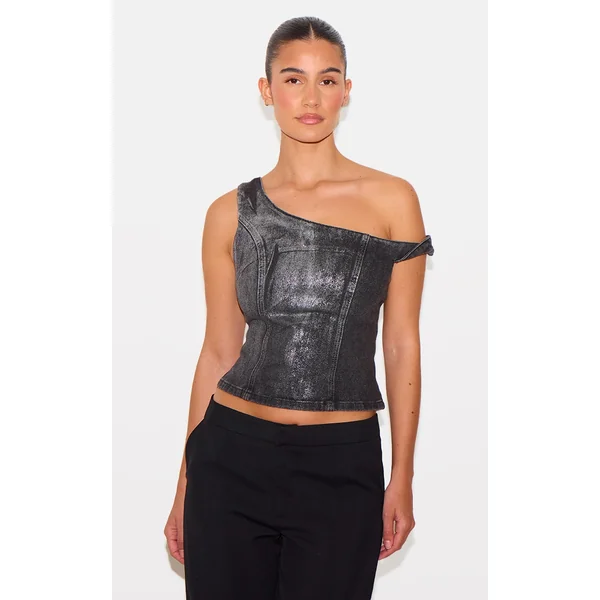 Black Silver Metallic Foil Effect One Shoulder Denim Top