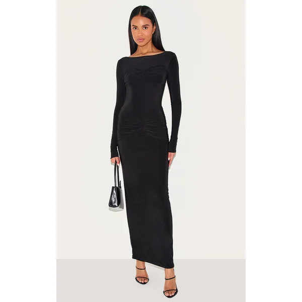 Black Sinky Ruched Panel Detail Maxi Dress