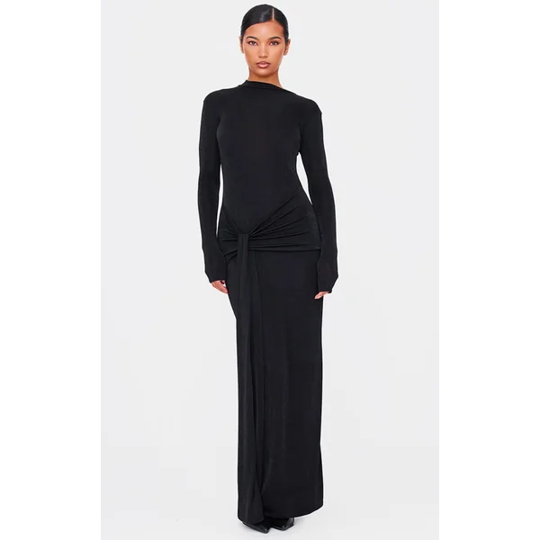 Black Slinky Acetate Wrap Maxi Dress