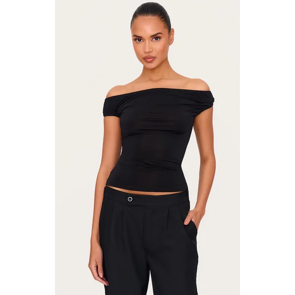 Black Slinky Asymmetric Bardot Long Top