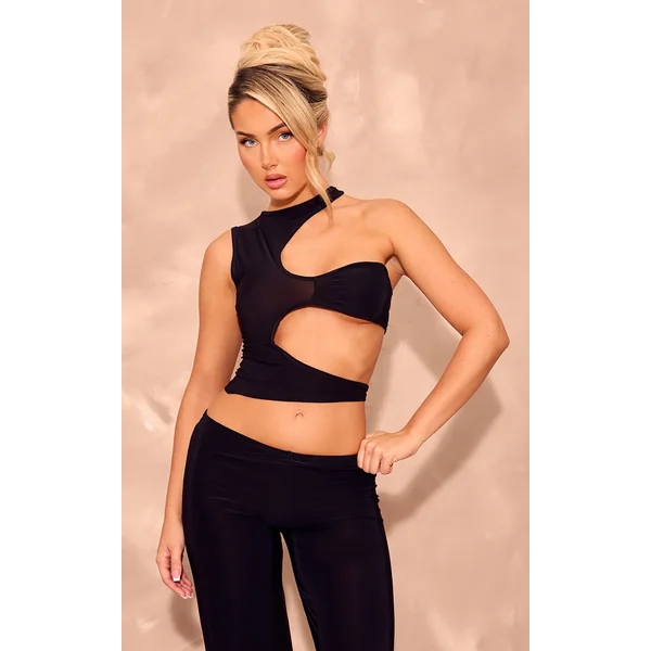 Black Slinky Asymmetric Cut Out Detail Crop Top