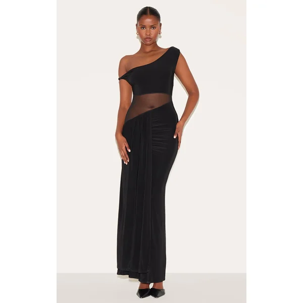 Black Slinky Asymmetric Mesh Cut Out Maxi Dress