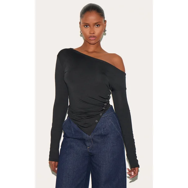 Black Slinky Asymmetric Neck Popper Detail Long Sleeve Top