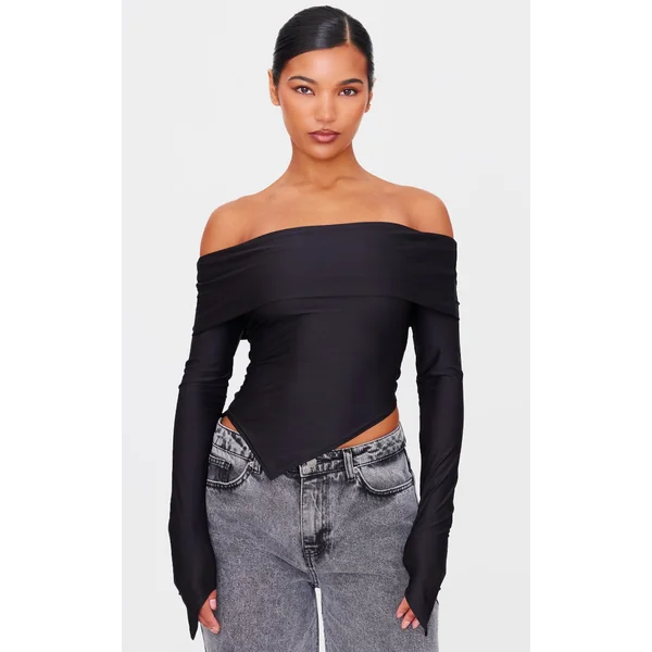 Black Slinky Bardot Asymmetric Long Top