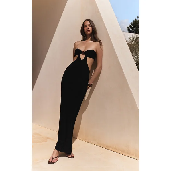 Black Slinky Bead Detail Cut Out Bandeau Maxi Dress