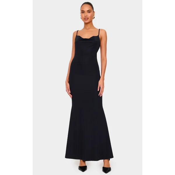 Black Slinky Cowl Neck Lace Insert Detail Maxi Dress