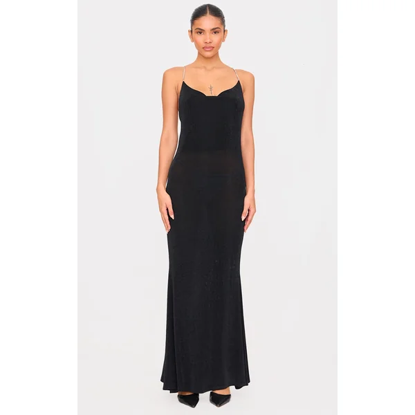 Black Slinky Diamante Strap Cowl Back Maxi Dress