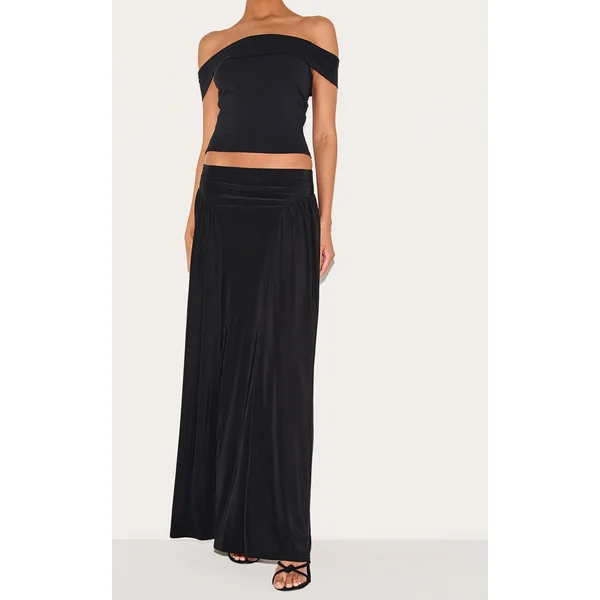 Black Slinky Drop Waist Ruched Panel Maxi Skirt