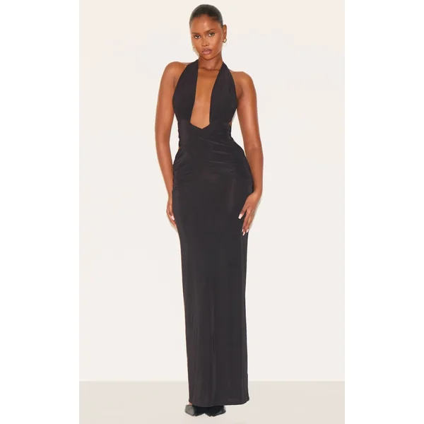 Black Slinky Extreme Plunge Maxi Dress