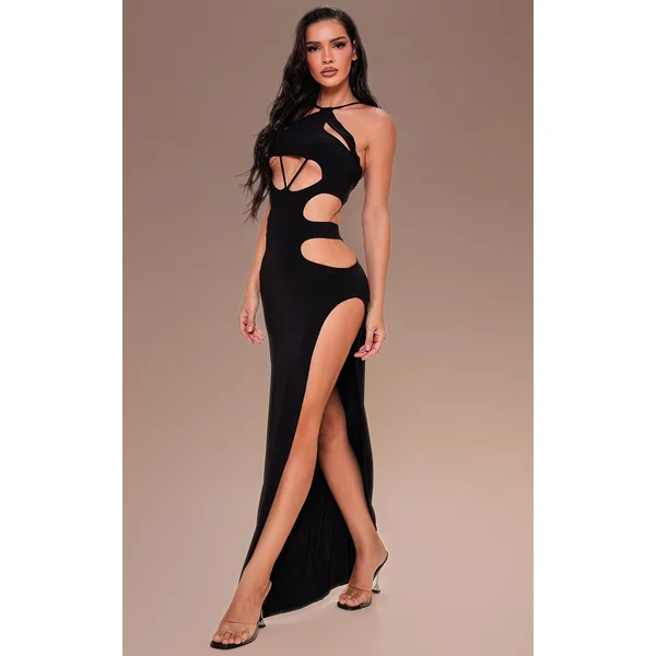 Black Slinky Halter Neck Extreme Cut Out Maxi Dress