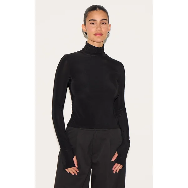 Black Slinky High Neck Thumb Detail Long Sleeve Top