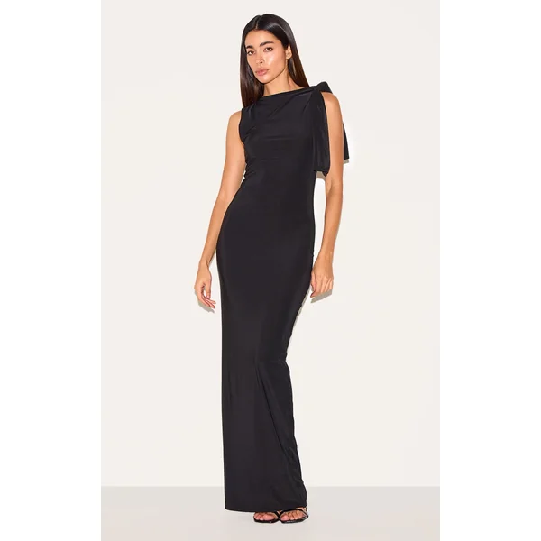 Black Slinky Knot Drape Midaxi Dress