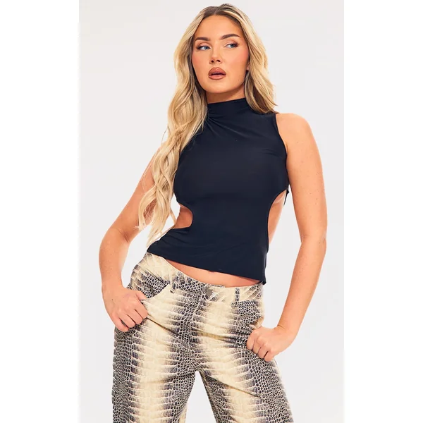 Black Slinky Lace Up Back Trim Detail High Neck Top