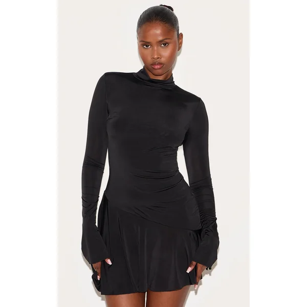 Black Slinky Long Sleeve Asymmetric Hem Shift Dress